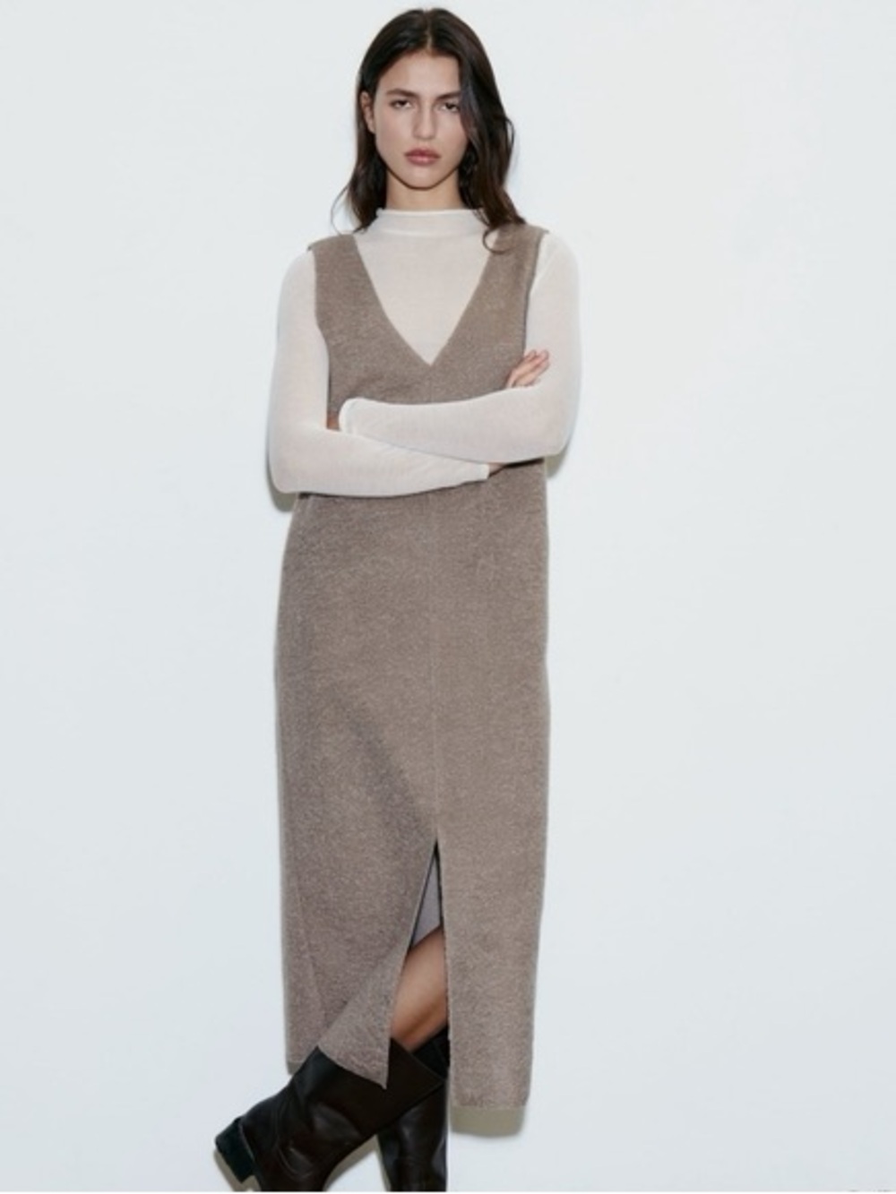 Zara Taupe Beige Sleeveless Knit Maxi Dress V Neck Minimalist Size Small